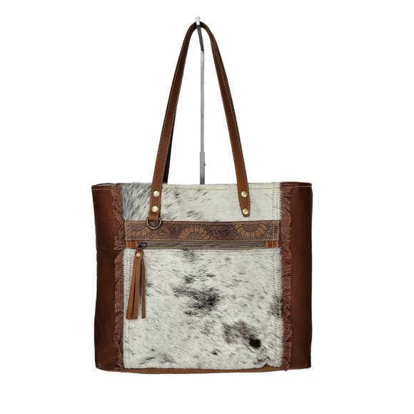 Myra Bag Handbags - Myra Bag Genuine Hair On Canvas Tooled Leather Trim Fringe Bohemian Tote Bag